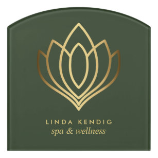 Gold lotus logo   Green   Yoga wellness massage Door Sign