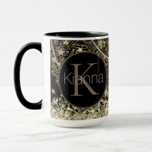 Gold Lotus Mandala Glittery Stars Monogram Mug