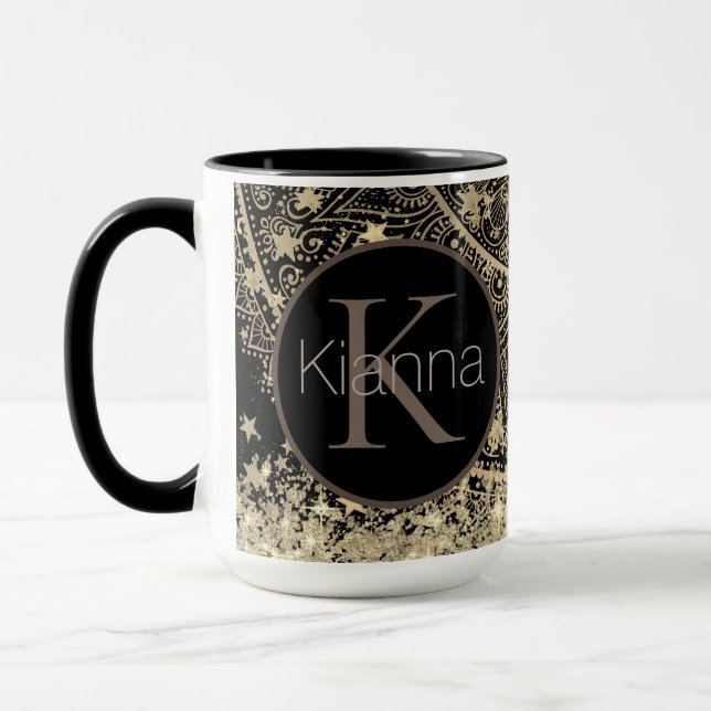 Gold Lotus Mandala Glittery Stars Monogram Mug (Left)