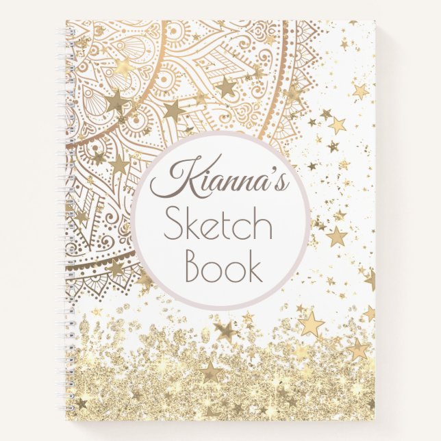Gold Lotus Mandala with Gold Stars Glitter Notebook (Front)