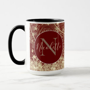 Gold Lotus Mandala with Gold Stars Monogram on Red Mug