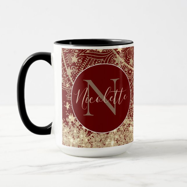 Gold Lotus Mandala with Gold Stars Monogram on Red Mug (Left)