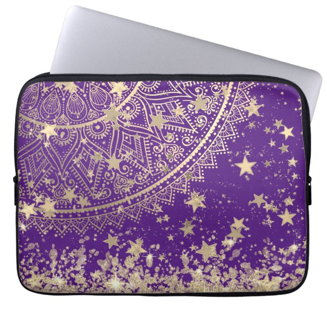 Gold Lotus Mandala with Gold Stars on Purple      Laptop Sleeve (Front)