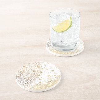 Gold Lotus Mandala with Gold Stars on White     Coaster