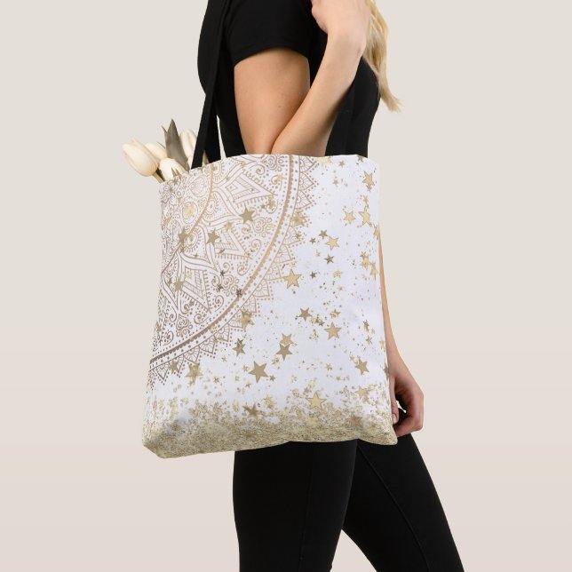 Gold Lotus Mandala with Gold Stars on White Tote Bag (Close Up)