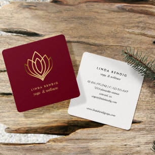 Gold lotus   marsala   wellness spa massage yoga square business card