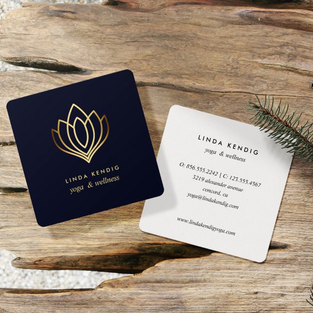 Gold lotus | Navy Blue | wellness spa massage yoga Square Business Card (Creator Uploaded)
