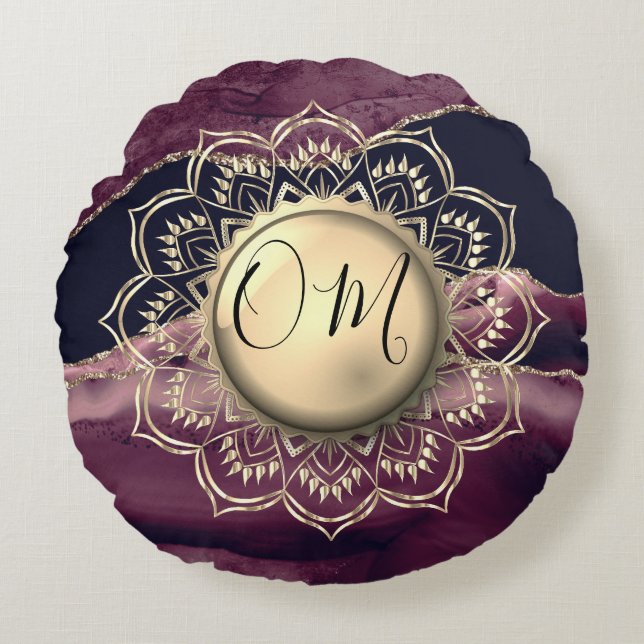 Gold Lotus OM Mandala Purple Agate Round Cushion (Front)