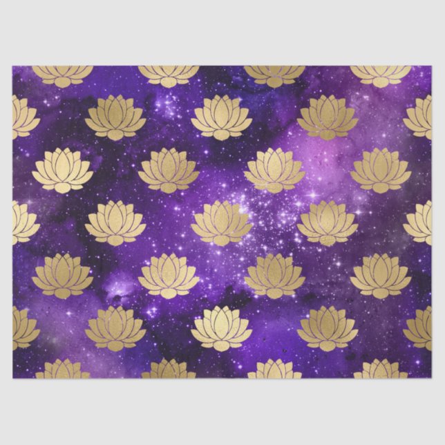 Gold Lotus on Purple Galaxy Decoupage Tissue Paper (Front)