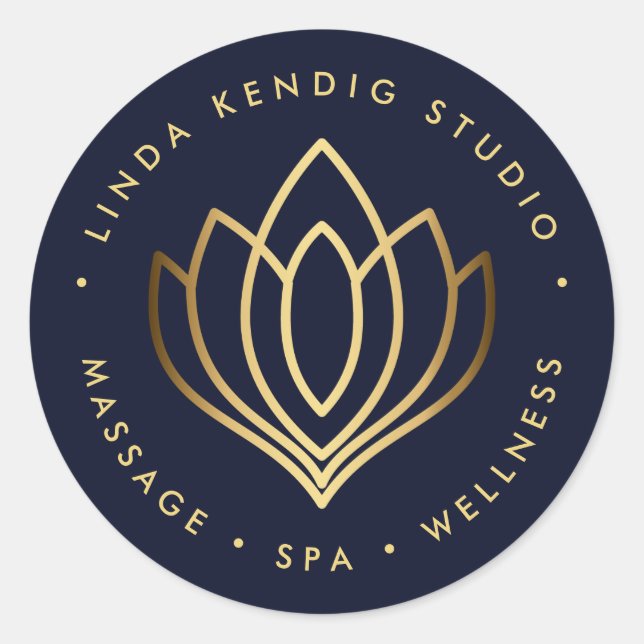 Gold lotus yoga symbol | Blue wellness massage spa Classic Round Sticker (Front)