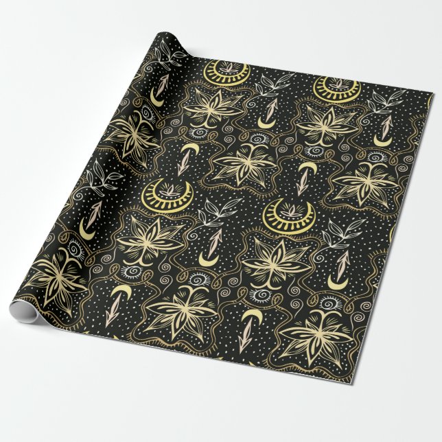 Gold lotuses seamless crescent pattern. Golden col Wrapping Paper (Unrolled)