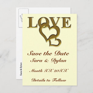 Gold Love and Hearts Save the Date Postcard