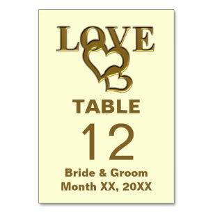 Gold Love and Hearts Wedding Individual Table Number