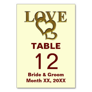 Gold Love and Hearts Wedding Table Card