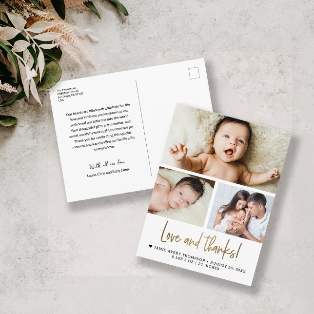 Gold Love and Thanks Baby Photo Birth announcement Postcard (Love and thanks gold script baby photo postcard thank you card.)