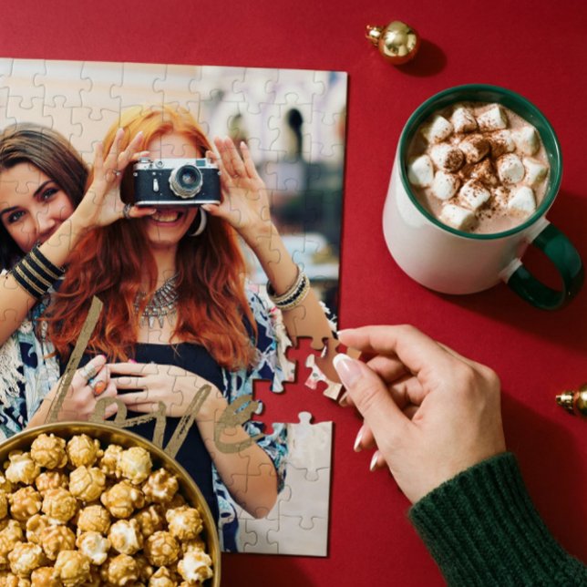 Gold Love Brush Script Overlay Couple Photo Memory Jigsaw Puzzle (Gold Love Brush Script Overlay Couple Photo Memory Jigsaw Puzzle)