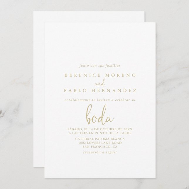 Gold Love Fancy Script Spanish Wedding   Invitation (Front/Back)