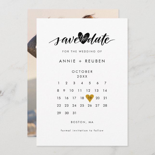 Gold Love Heart Calendar Photo Save The Date (Front/Back)
