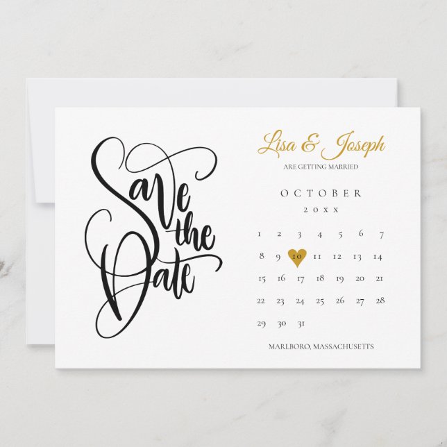 Gold Love Heart Calendar QR Code Wedding Save The Date (Front)