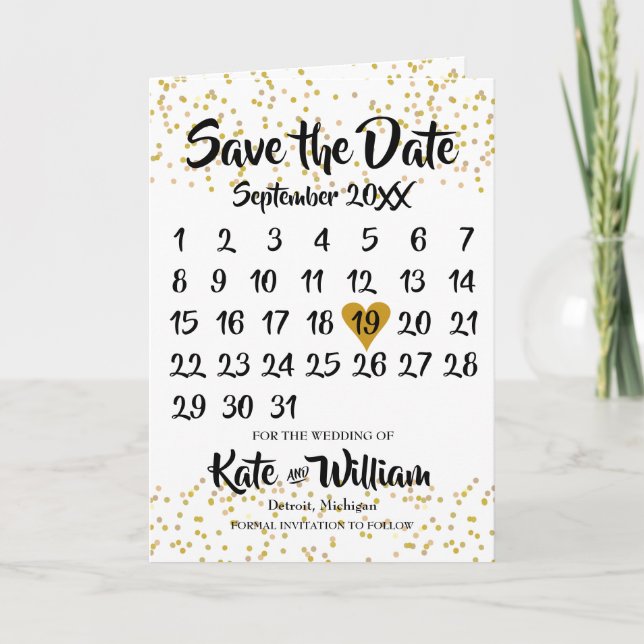 Gold Love Heart Calendar Save the Date Announcement (Front)