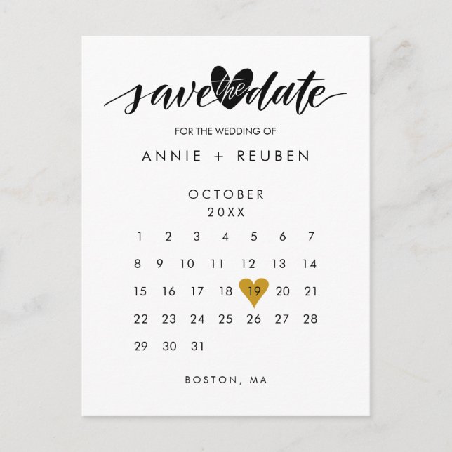 Gold Love Heart Calendar Save the Date Announcement Postcard (Front)