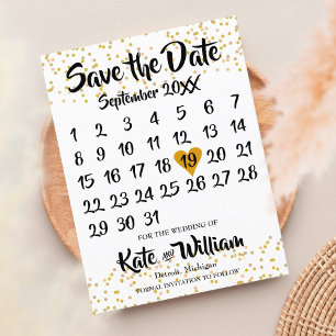 Gold Love Heart Calendar Save the Date Announcement Postcard