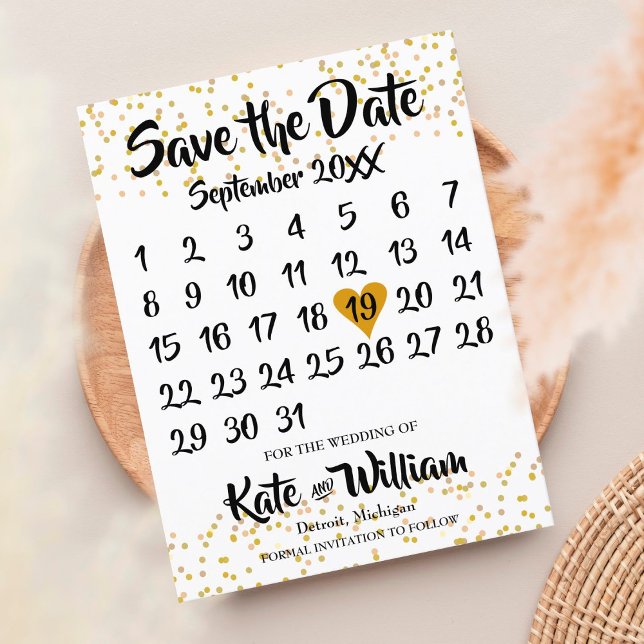 Gold Love Heart Calendar Save the Date Announcement Postcard (Creator Uploaded)