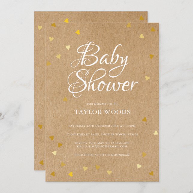 Gold Love Hearts Baby Shower Rustic Kraft Boho Invitation (Front/Back)