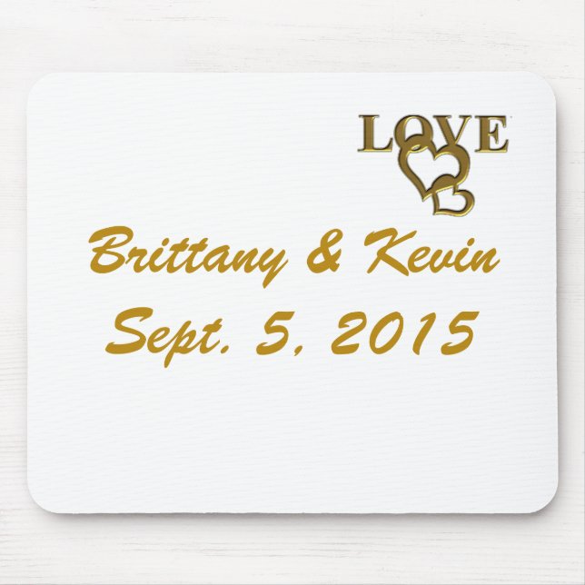 Gold Love Hearts, Names and Dates Wedding Mousepad (Front)