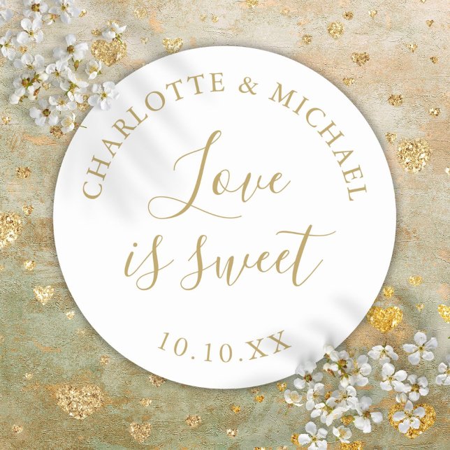 Gold Love Is Sweet Wedding Favor Classic Round Sticker (Gold Love Is Sweet Wedding Favor Classic Round Sticker)