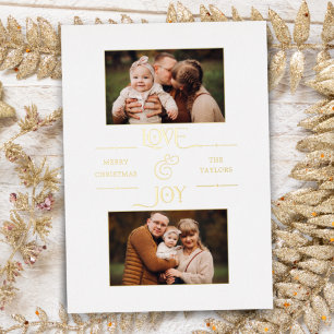 Gold Love & Joy Typography 2-Photo  Foil Holiday Card