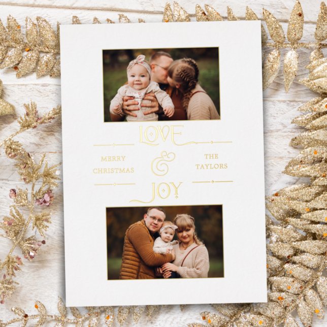 Gold Love & Joy Typography 2-Photo  Foil Holiday Card (Creator Uploaded)