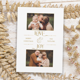 Gold Love & Joy Typography 2-Photo  Holiday Card