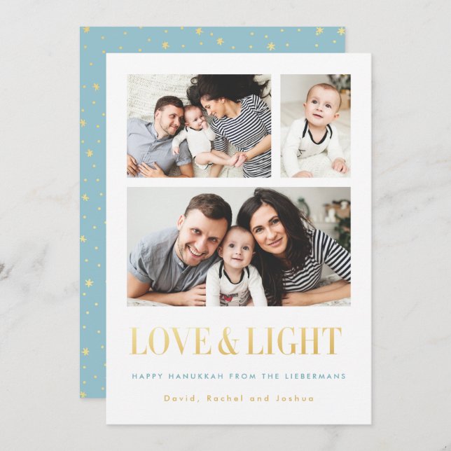 Gold LOVE & LIGHT Simple Photo Hanukkah Cards (Front/Back)