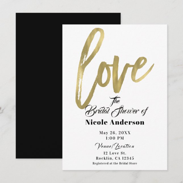 Gold LOVE Modern Brush Script Wedding Invitation (Front/Back)