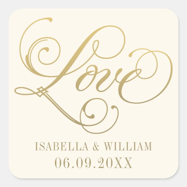 Gold Love Script Ivory Monogram Wedding Square Sticker (Front)