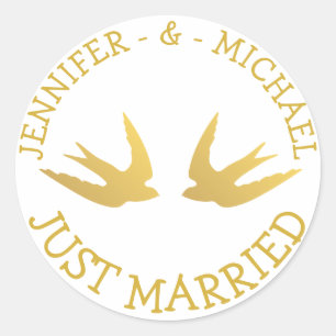 Gold Lovebirds Just Married  Wedding Love Doves Classic Round Sticker