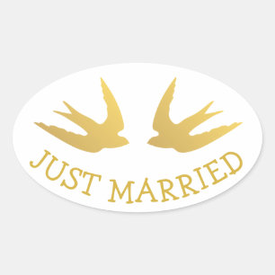Gold Lovebirds Just Married Wedding Love Doves Oval Sticker
