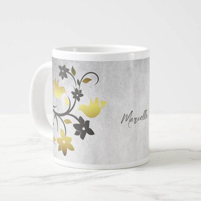 Gold Lovebirds Personalised Giant Coffee Mug (Front Left)