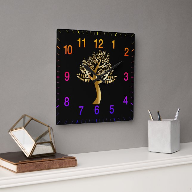 Gold lovers hearts Tree with rainbow numbers Square Wall Clock (Office)