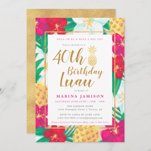 Gold Luau Party Invitations (Front/Back)