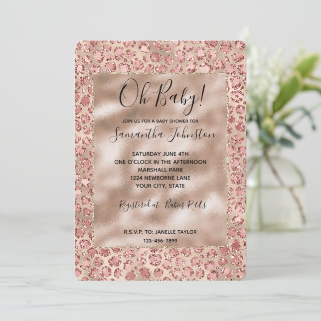 Gold Luxe Blush Pink Glitter Leopard Print Invitation (Standing Front)