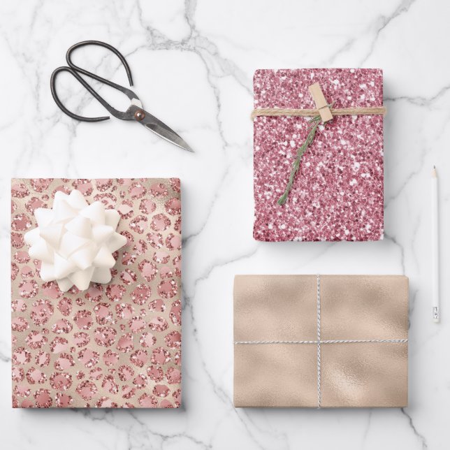 Gold Luxe Blush Pink Glitter Leopard Print   Wrapping Paper Sheet (Front)
