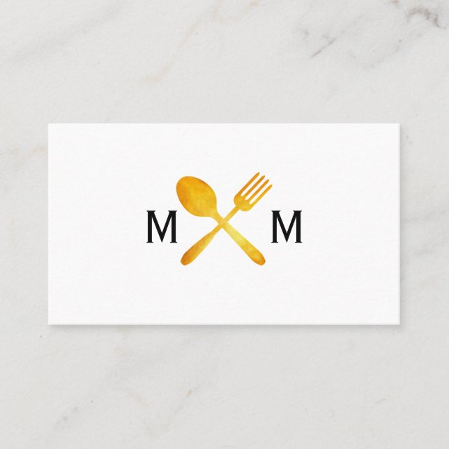 Gold Luxe Food Utensils Monogram Business Card (Front)