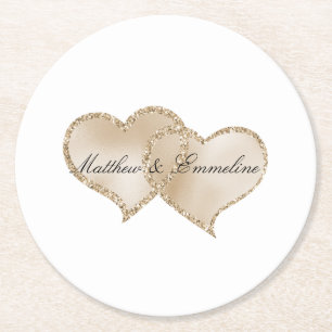 Gold Luxe Glitter Glitz Hearts Wedding Round Paper Coaster