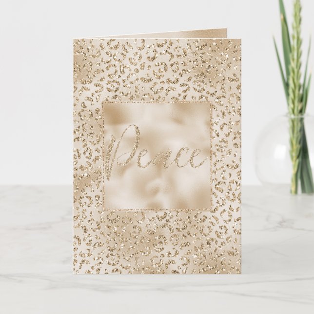 Gold Luxe Glitter Leopard Print Peace Christmas  Card (Front)