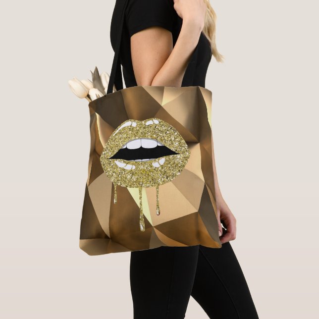 Gold Luxury Beauty Glam Glitter Drip Dripping Lips Tote Bag (Close Up)