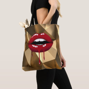 Gold Luxury Beauty Glam Red Drip Dripping Lips Tote Bag