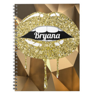 Gold Luxury Beauty Glamour Glitter Dripping Lips Notebook