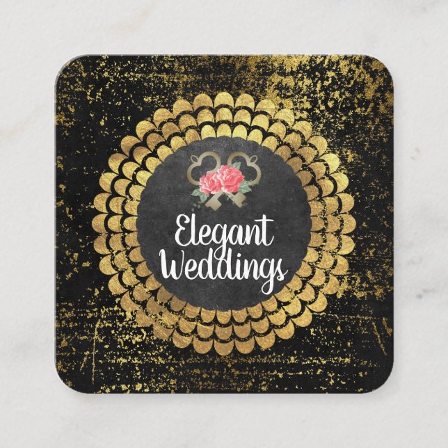 Gold Luxury Elegant Floral and Keys Square Business Card (Front)